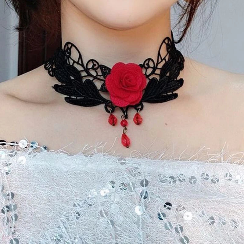 Black dahlia flower necklace