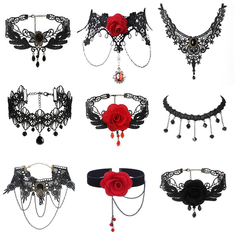 Black dahlia flower necklace