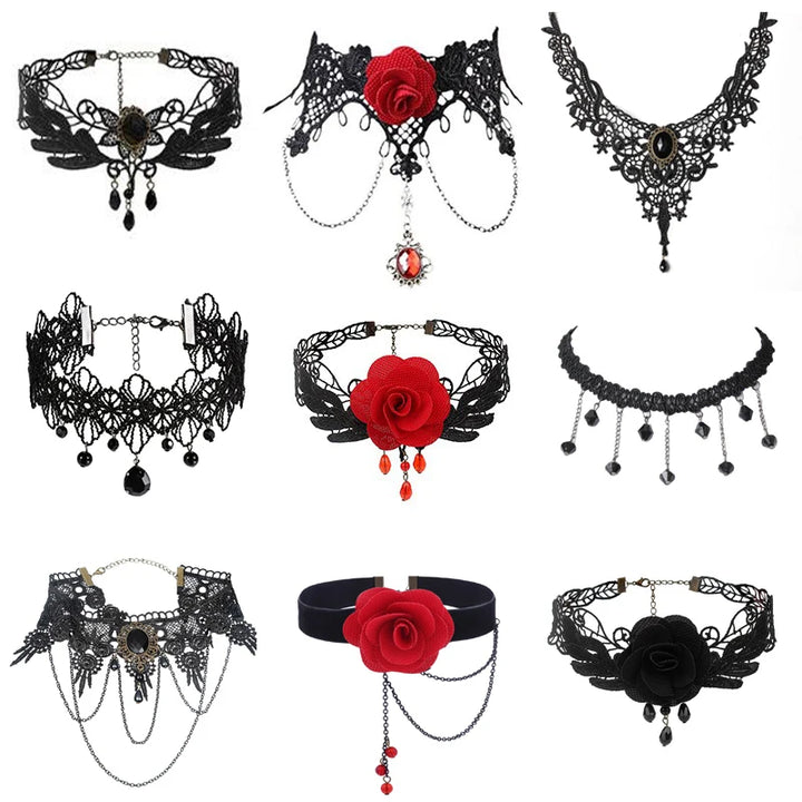 Black dahlia flower necklace
